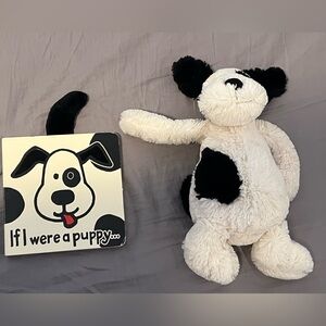 Black and cream official jellycat bashful puppy with If I were a Puppy book